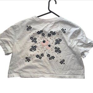 Nike White Crop T-shirt with Pink & Black Sakura Flower Graphic - Size Medium